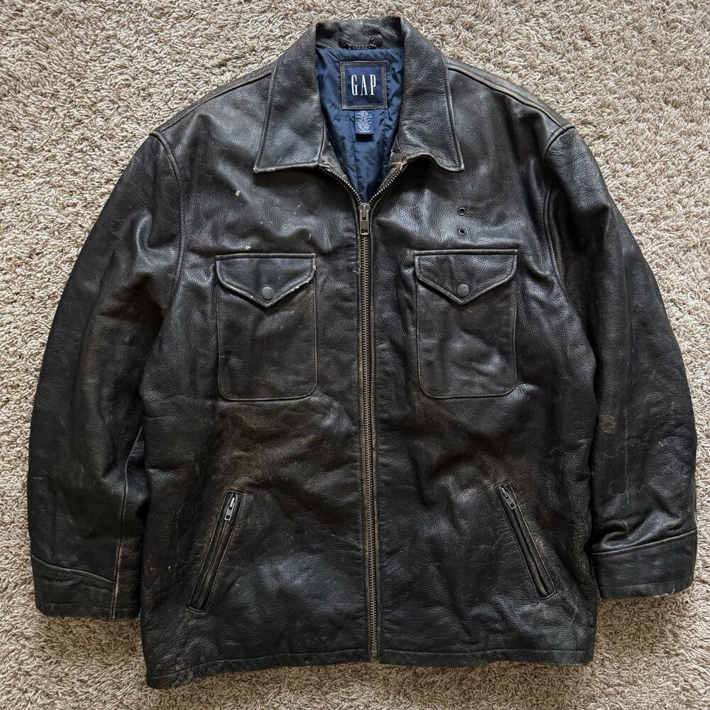 Vintage 90’s Gap Black Leather Police Jacket Coat Men’s Size XXL - Distressed